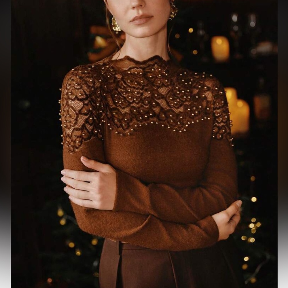 Brown Lace Detail Sweater Top